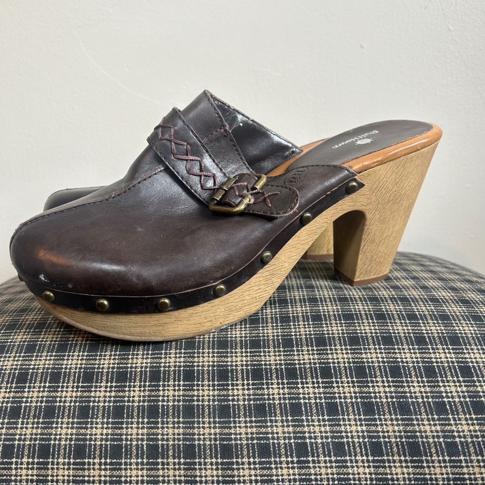 RuffHewn Rush Clogs Women 11M Brown Leather Platform Mule Wood Heel Good Studded
